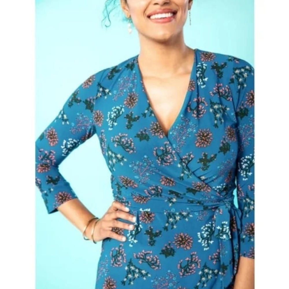 Remade The Wrap Belted Dress Turquoise Multi-Color Floral Print 2X